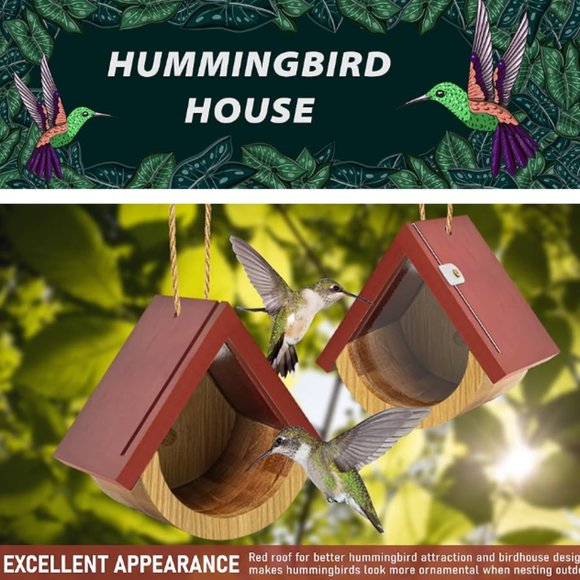 2 pk - Hummingbird Houses w/ Viewing Window - Red Roof Wooden Birdhouses - Picture 8 of 8